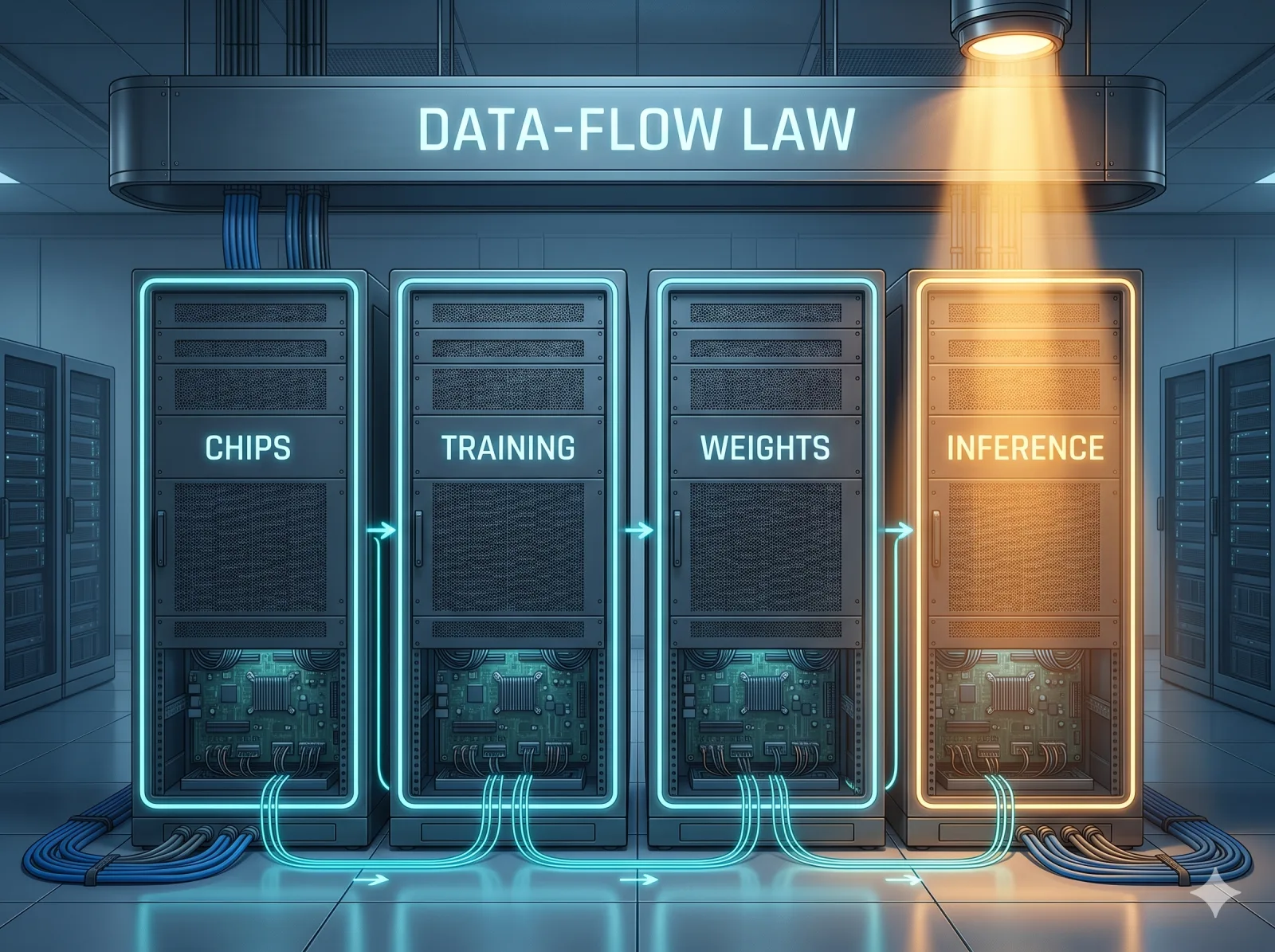 Four server racks labeled Chips, Training, Weights, and Inference standing under a banner reading 'Data-flow law,' with the Inference rack lit by an overhead spotlight.