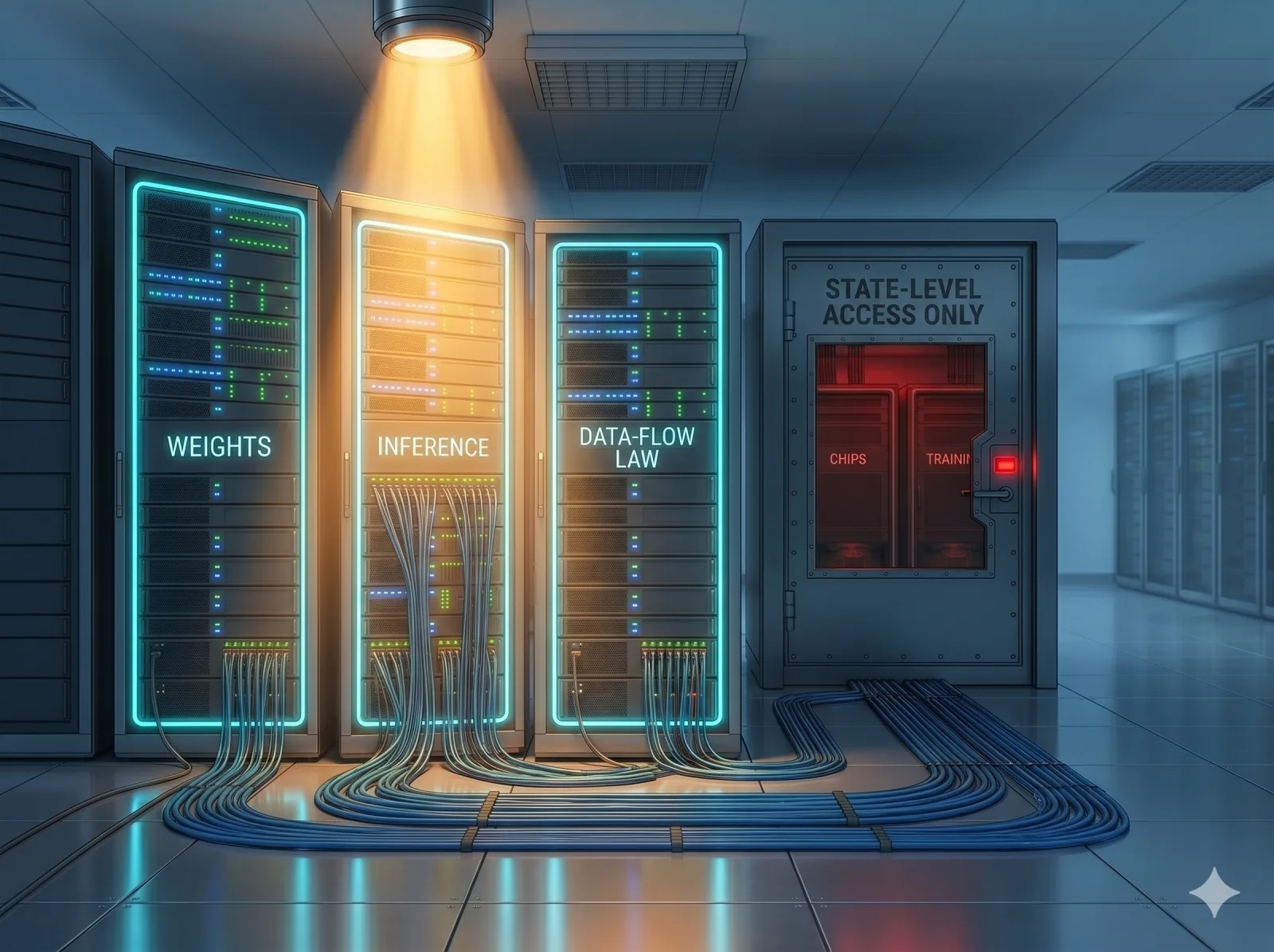 Glowing server racks labeled Weights, Inference, and Data-flow law beside a sealed steel vault marked 'State-level access only' containing two racks labeled Chips and Training.