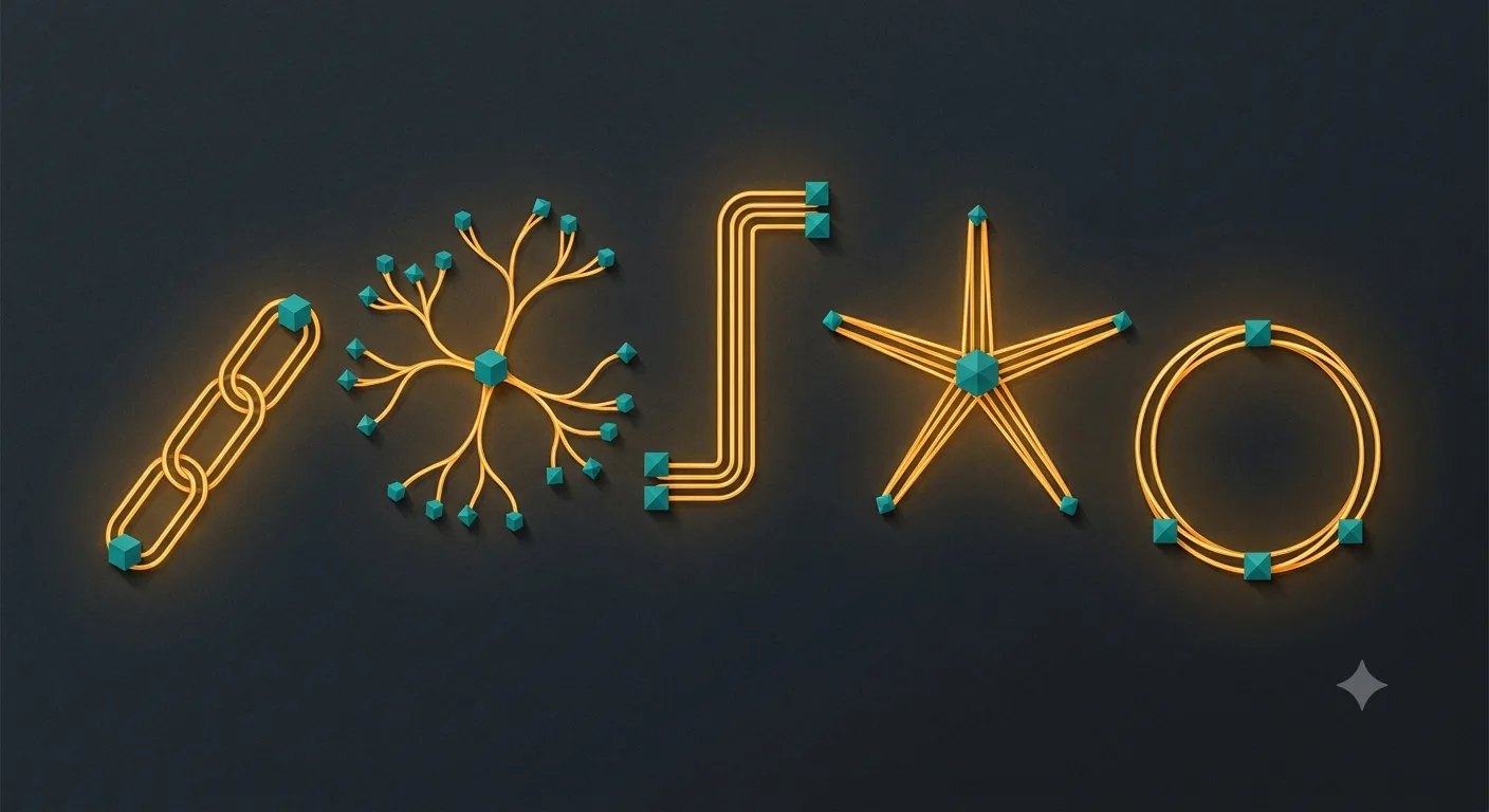 Five distinct glowing wire topologies — a chain, a branching tree, parallel rails, a star, and a loop — representing five orchestration patterns.