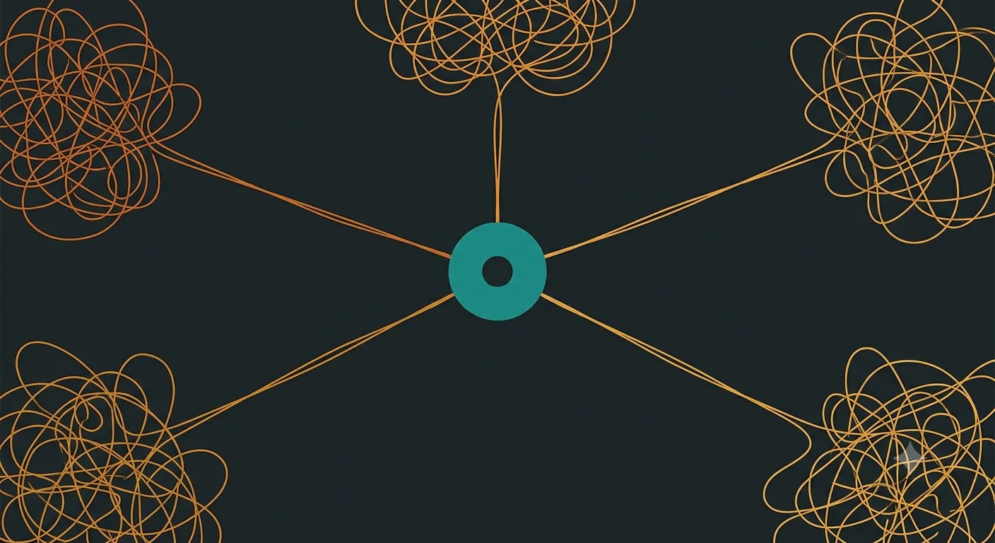 Five tangled clusters of wire converging into a single central loop, representing shared underlying structure across orchestration patterns.