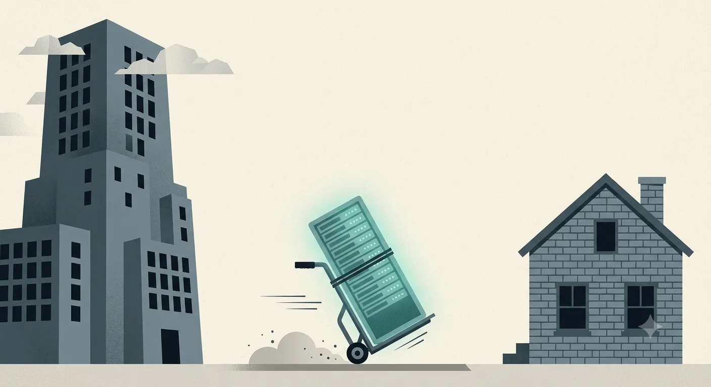 A glowing teal server rack wheeled on a hand-truck out of a tall grey cloud-tower and toward a small solid brick house, mid-transit between the two.