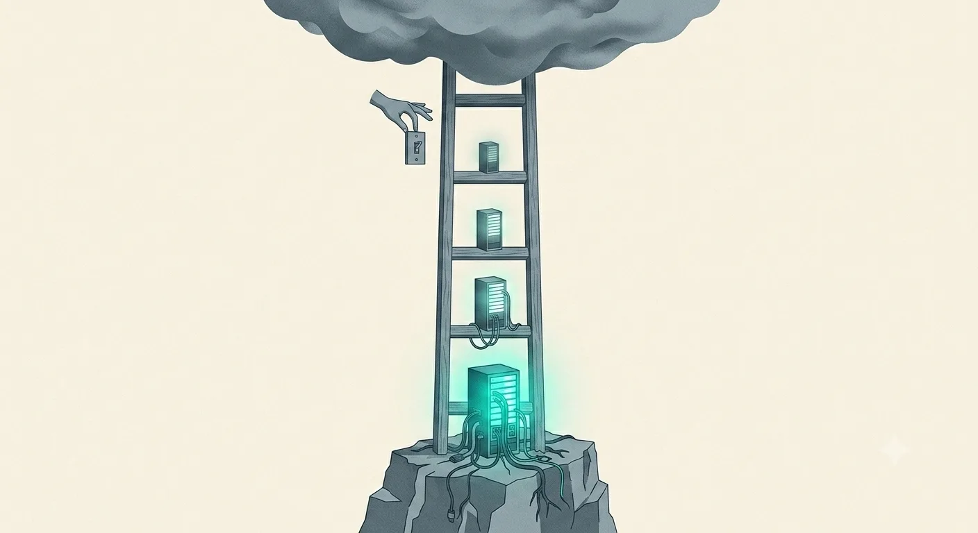 A four-rung ladder rising from a glowing server rooted in bedrock at the bottom up into a cold grey cloud at the top, a smaller server on each rung growing brighter and more rooted lower down, while a disembodied hand with a switch can only reach the top rung.